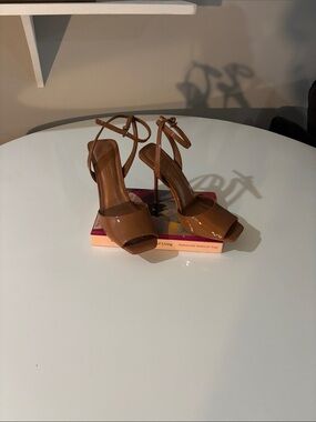 Aldo Tan Patent Leather Peep-Toe Ankle-Strap Heels